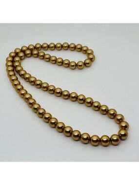 Metallic Gold Tone Faux Pearls Round Continuous Strand Endless Slip-On Vintage